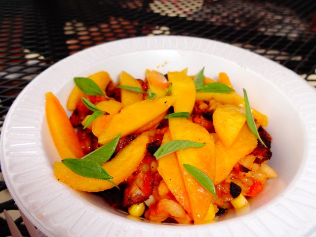White Wine Risotto with Sweet Corn, Pickled Peaches, Bacon, and Basil